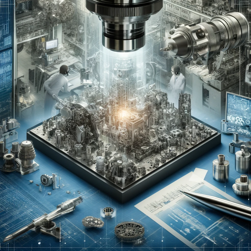 High-tech facility producing machined components manufacturer for aerospace, featuring advanced machinery, precision tools, and engineers at work.